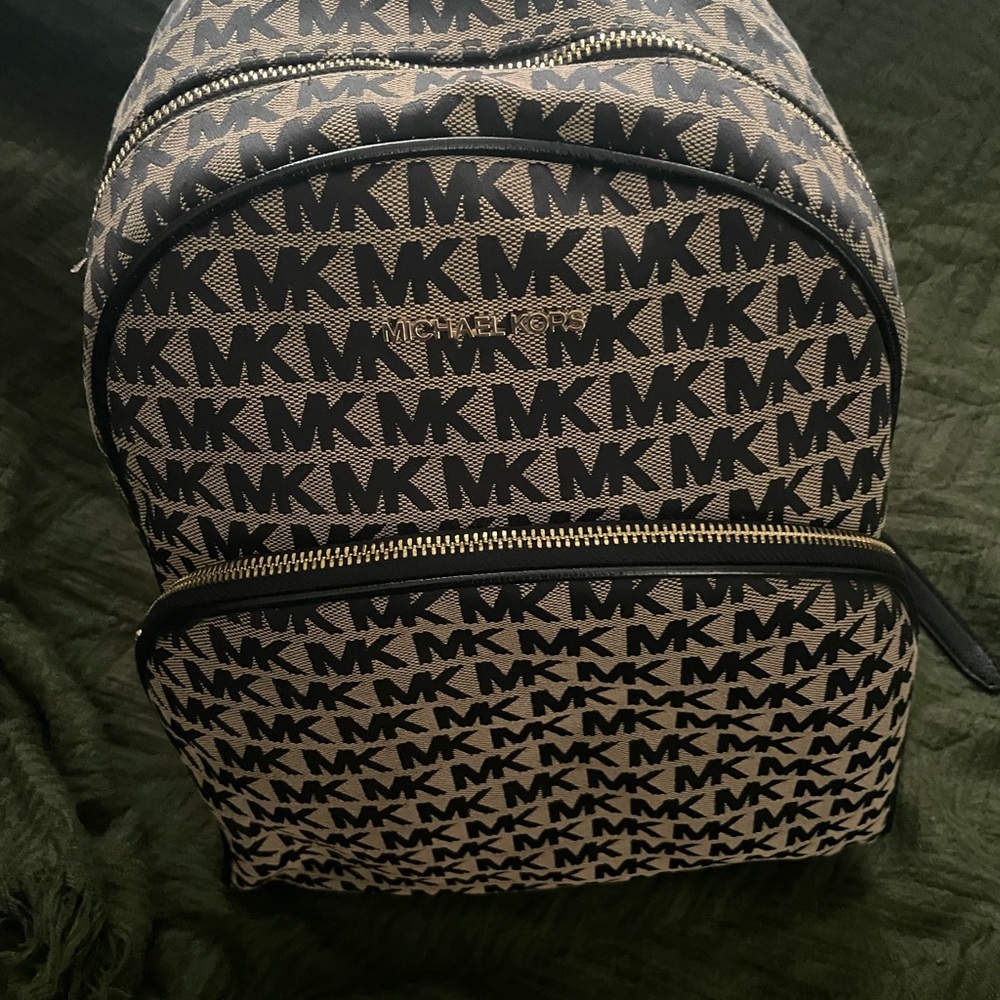 Michael Kors Black and Tan MK Logo Backpack